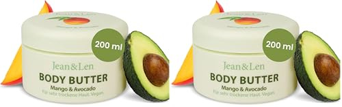 Jean & Len Beurre corporel exotique mangue & avocat, nourrit intensément les peaux sèches à très sèches, pH idéal pour la peau, parfum mangue exotique, sans parabènes ni silicones, 200 ml (Lot de 2)