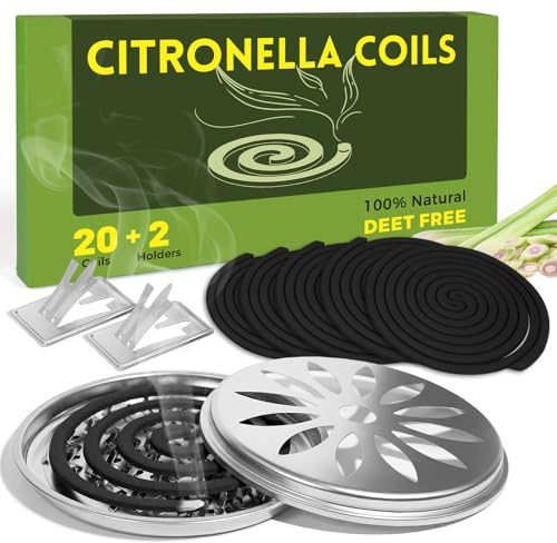 SCENTORINI Citronella Coils, Citronella Räucherspirale, Brenndauer pro Spirale Zitronengras Coils, für Innen und Terrassen, Draußen, Balkone, Garten, 20 Spiralen mit 2 Räucherschale