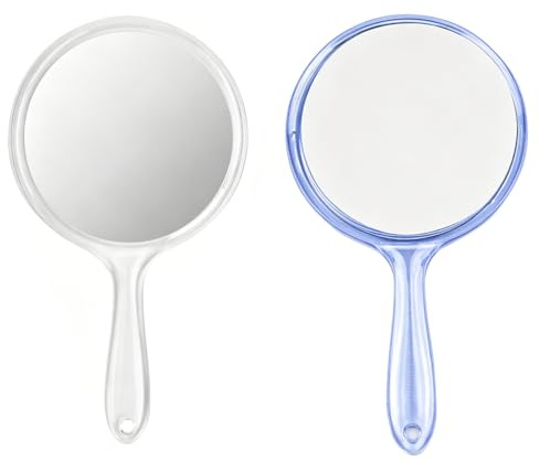 2x Handspiegel Griff Doppelseitig Kosmetikspiegel Vergroesserung Make-up | 14.5x26.5cm Abmessung, 2X Lupenfunktion, Halbtransparent Design, Gesichtspflege Routine, Zuhause Reise Einsatzzweck