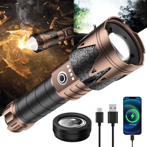 SKYFIRE Linterna LED Recargable 1000000 Lumen con Lente de Encendido, Linterna Potente Compacta 6 Modos Zoomable, 5000mAh USB-C Ligera IPX6 para Senderismo Emergencia Regalo Hombre
