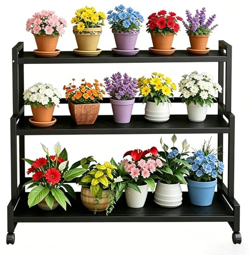 DMCHENGMA Pflanzenständer Innen 3-stöckig, mehrstufiges Blumentop-Regal mit Rädern, Stabiler hoher Blumenständer – schmiedeeiserner schwarzer metallener mehrstöckiger Pflanzenhalter(60x38x90cm)