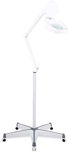 Showlite LL-6085D LED Lupenleuchte 8W 5 Dioptrien Set inkl. Rollenstativ (Lupenlampe, 12,5 cm Linse, 60 SMD LEDs, 2,25-fache Vergrößerung, Rollenstativ, Tischklemme) weiß