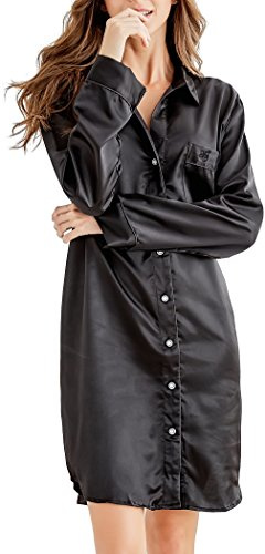 Nattlinne dam, satin nattlinne långärmad, nattkläder med knappslå sovskjorta, fritidskläder, svart, XL