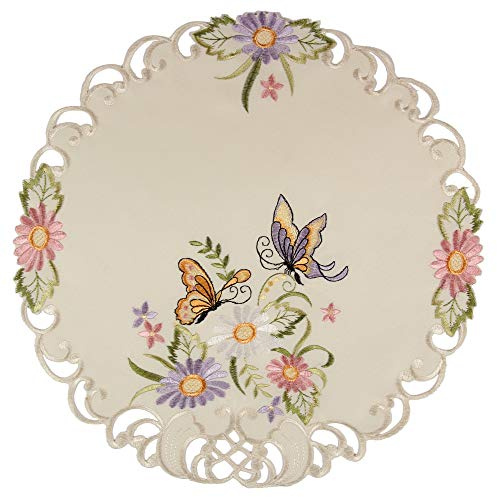 Quinnyshop Bunte Blumen Schmetterling Stickerei Deckchen 40 cm Rund Polyester, Ecru / Creme
