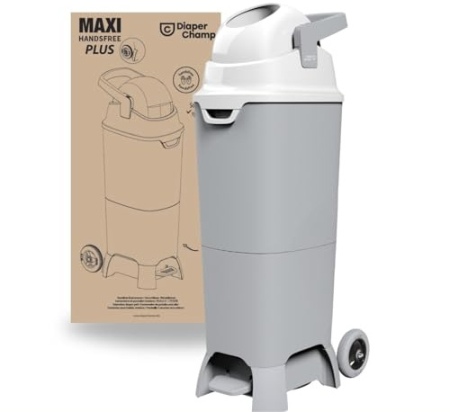 DIAPER CHAMP ONE Maxi Handsfree Plus mit Pedal und Rollen - Windeleimer - geruchsdicht - berührungslose Bedienung - OHNE Nachfüllkassetten - für normale Müllbeutel - für ca. 60 Windeln - silber, weiß