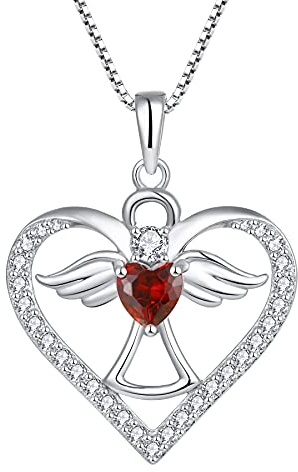 FJ Collier Femme Ange Gardien Argent Sterling 925 Collier Pendentif Ailes d'Ange avec Pierre de Naissance Janvier Collier Grenat Bijoux Cadeaux pour Femme Fille