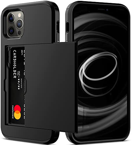 Nvollnoe for iPhone 12/iPhone 12 Pro Case with Card Holder Heavy Duty Protective Dual Layer Shockproof Hidden Card Slot Slim Wallet Case for iPhone 12/12 Pro for Men&Women(Black)