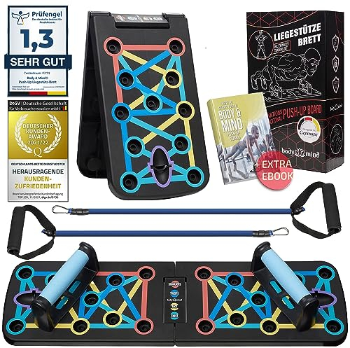 Body & Mind Planche push-up; Planche de fitness multifonction pliable Elite Rack pour un entraînement complet du corps et des pompes efficaces ; Poignées push-up avec bandes d'exercice gratuites