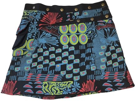 Jupe Portefeuille à Motifs Ethniques, Boutons-Pression Métalliques, Poche Zippée, Designs Multiples (FR/ES, Alpha/Lettres, Taille Unique, Taille Normale, Taille Normale, Noir 01)