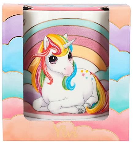 Depesche 12376 Ylvi-Tazza Bianca con Motivo di Unicorno e Disegno dell'arcobaleno, Bicchiere Senza Manico in Porcellana, capacità Circa 250 ml, Multicolore, Large