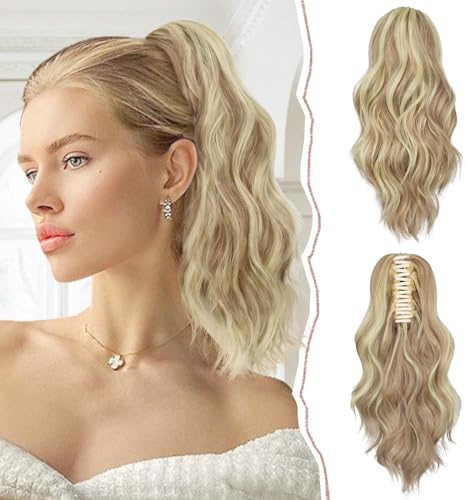 Sofeiyan Hästsvans, förlängningsklämma i klo hårdel, ponytail hårförlängning, lång vågig, lockig hästsvans med klämma, hårförlängning, syntetiskt hår, värmebeständig för kvinnor, blond
