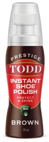 TODD PRESTIGELiquid Shoe Polish Brown with Carnauba Wax | Instant Shine and Protect for Shoes, Boots, Bags | 75ml Bottle with Sponge