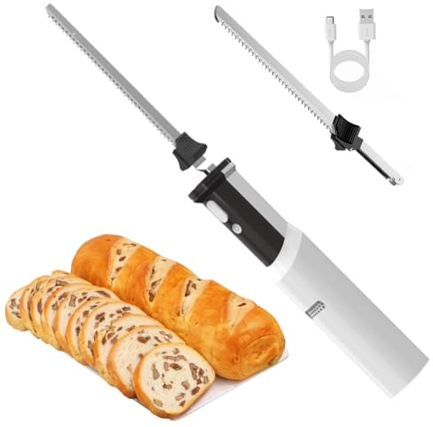 QUTBAG Couteau à découper électrique Couteau à Pain, Couteau à trancher la Viande Rechargeable sans Fil, avec 2 Lames dentelées Amovibles, Lampe LED et Bouton de Verrouillage de sécurité