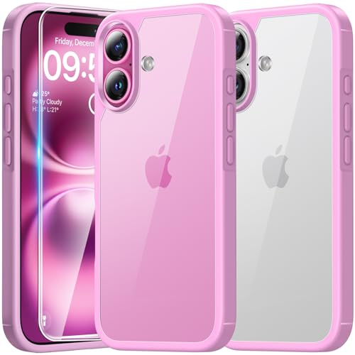 TAURI für iPhone 16 Hülle 6,1 mit Panzer Schutz Glas Folie, Schutz nach Militärstandard, [Anti-Vergilbung] Stoßfest Transparent Handyhülle - Rosa