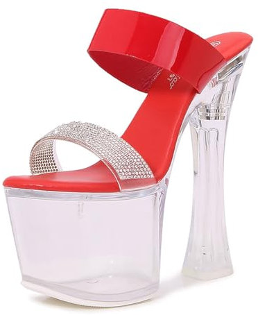 LIUGUISUOCHBH Damen-Sandalen mit Stilettoabsatz und transparentem Plateau und offener Spitze – 7-Zoll-Absatz – Sexy High Heels für Pole Dance, Abschlussball, Party,Rot,39 EU