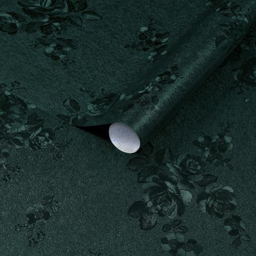 Dimoon 17.7''x78.7'' Green Peel and Stick Wallpaper Gothic Floral Wall Paper Contact Paper Closeout Renter Friendly Modern Self Adhesive Damask Cabinet Vinyl Roll(78.7''x17.7'', Green Floral Textured)
