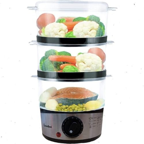 3 Tier Food Steamer, Electric Vegetable & Rice Steamer, Refill While Steaming, Stainless Steel Base, Energy Saving, 60 minute timer with auto shut off, Silver