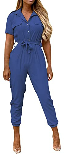 Overalls Rompers with Open Legs Women's Short Sleeve Cropped Coverall Button Down Tie Waist Cargo Jumpsuit Boiler Suit Women Blue