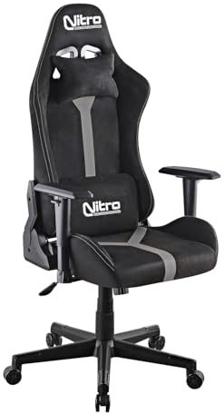 Nitro - Silla de gaming ergonómica, silla de oficina de tela de ante, silla de gaming giratoria con cojín lumbar, reposacabezas, reposabrazos, silla de escritorio reclinable Nathan (Gris/Negro)