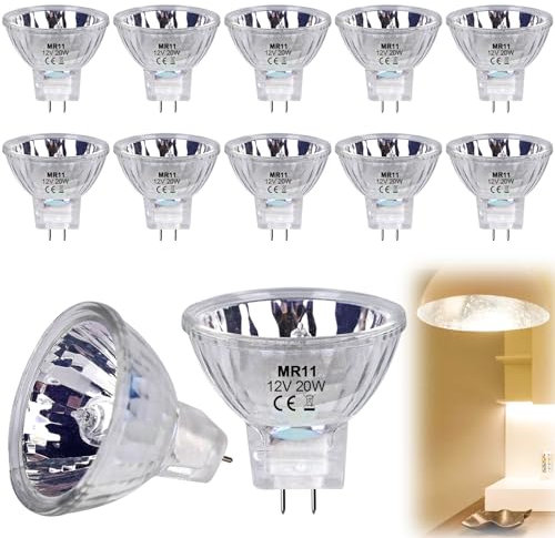 Vaileal 12 Piezas Bombilla Halogena MR11 12V 20W, Regulable Halógenas GU4 MR11 Halogena Reflector Bombillas Halogenas 250LM Blanco Cálido 2700K Bombilla Halogena GU4 Focos Halógenos