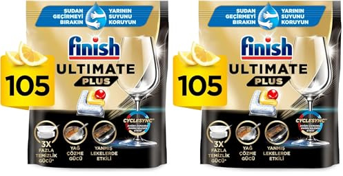 Finish Ultimate Plus Infinity Shine Pastilles Lave-Vaisselle Citron, Propreté Intense & Brillance Étincelante,105 capsules (Lot de 2)