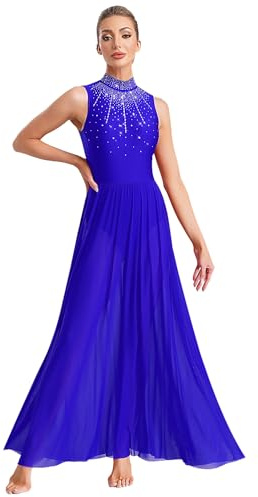 CHICTRY Robe Longue Danse Moderne sans Manche Dos Nu Femme Strass Robe Danse Ballet Lyrique Rythmique Latine Samba Tango Jupe en Tulle S-XL Bleu L
