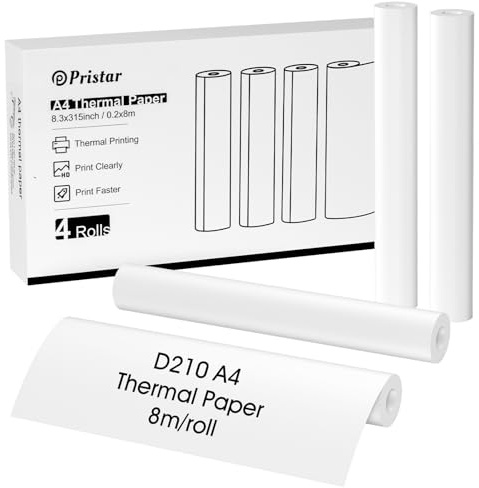 Pristar D210 Papier Thermique A4, 4 Rouleaux 210mm x 297mm Papier Thermique, Compatible avec l'Imprimante Portable D210, Idéal pour les voyages, la maison et les contrats, 26 Feuilles/Rouleau