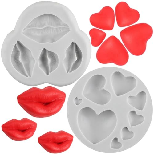 Sijiangmold Kiss Collection Love Heart Silicone Fondant Mould Set of 2 | Red Lips Candy Cake Decoration Cupcake Topper Chocolate Gum Paste Polymer Clay