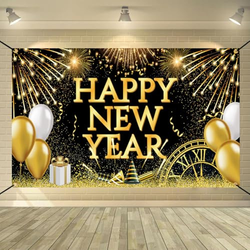 Decoration Nouvel an Bannière de Fond XXL Happy New Year pour Le Nouvel an, Bannière Déco en Tissu pour Fêtes Intérieur et Extérieur