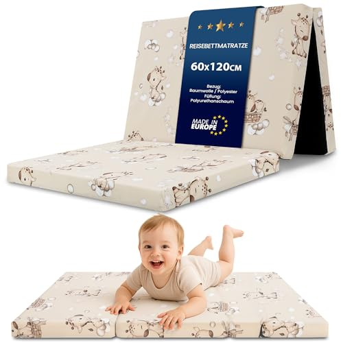 Vikbar madrass hopfällbar resebädd babymadrass 60x120 cm - Hopvikbar madrass för barn gästmadrass vikbar babymadrass golvmadrass sovmadrass och resemadrass Giraffer
