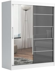 Brent - Kleiderschrank mit Spiegel und Schubladen 160cm Breit Chelsea Tomy, Schwebetürenschrank mit Spiegel, Schlafzimmerschrank, Kleiderschrank Weiß Matt/Anthrazit Hochglanz