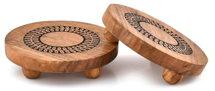 Indus Lifespace Podeste aus Akazienholz, rund, 2er-Set, mit schwarzem Blatt-Design, Pflanzenständer, Bauernhaus-Organizer, Mehrzweck-Display (15,2 x 15,2 x 3,8 cm)
