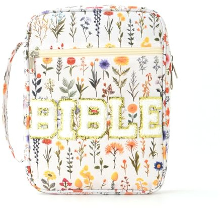 Hixingo Bibel Buchhülle Reißverschluss, Buchhülle Schutzhülle für Bücher aus Leder Buchschutz für Taschenbücher, Buchliebhaber, Lehrer, Freunde (20 * 25 * 7cm,Weiße Blumen1)