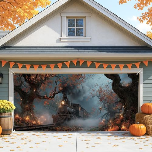 Cubierta vintage para puerta de cochera, escena de bosque otoñal, decoración de puerta de garaje grande, decoración de Halloween para interiores y exteriores, decoración de fondo de fiesta de otoño de