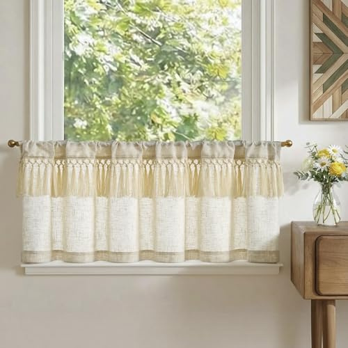 TOPICK Scheibengardinen Küche Beige Spitzenborte Leinen Bistrogardine mit Tunnelzug Volant für Wohnwagen Wohnzimmer Landhausstil Shabby Chic Gardinen Kurz Lichtdurchlässig 1er Set 145Bx45H cm Beige