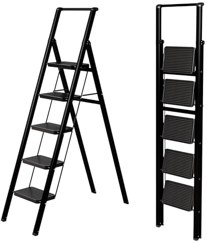 UABA Escalera Plegable 5 peldaños Negra, Resistente y compacta 5 cm, peldaños Anchos Antideslizantes, certificada EN 131, 150 kg