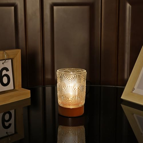 Battery Operated Night Light with Timer, Aesthetic Cordless Battery Powered Decorative Glass Lamp,Small Cozy Nightlight for Dorm,Mini Lamps for Nightstand,Bathroom,Bedroom,Warm (Fan-shaped pattern)
