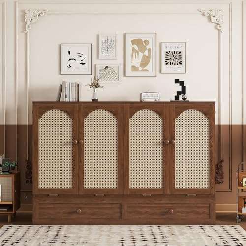 Bellemave Queen Murphy Bed with Storage Drawer and Station, Cabinet Bed, Murphy Cabinet with Foldable Panel, Noisy Free, for Guest Bedroom, Living Room, Walnut Rattan