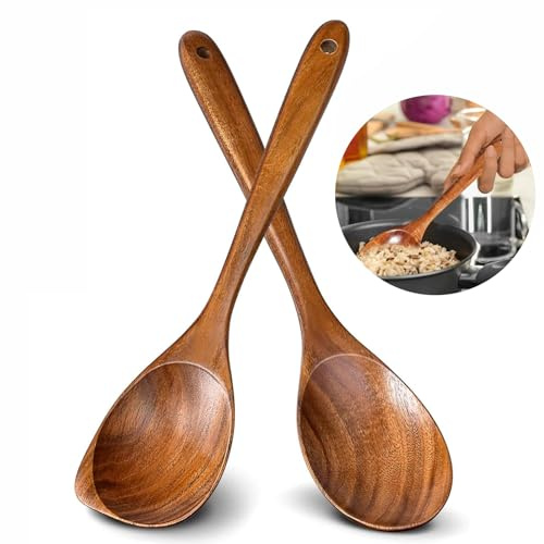 DSXVJHD 2pcs Wooden Spoons for Cooking, Natural Teak Non-Stick Wooden Cooking Spoon Set, Heat Resistant Round and Corner Spoons Kitchen Utensils for Baking, Stirring, Serving