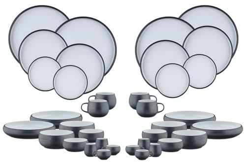 BJORN Service Vaisselle GOURMET – Service de Table Complet 36 Pièces pour 4 Personnes, Assiettes, Bols et Tasses Design Noir Onyx & Émail Blanc