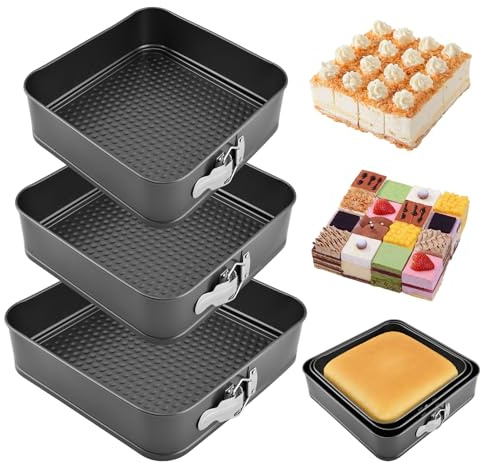 Ravionell Springform Pan Set of 3 (9,10,11 Inch) - Square Shaped Leakproof Cheesecake Pans with Removable Bottom, Nonstick Carbon Steel Cake Tin for Valentine‘s Day, Anniversary Baking (Square)