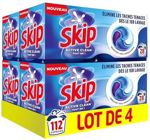 Skip - Capsules Lessive, Tout en 1, Active Clean, 4x28 Lavages | Élimine les taches tenaces dès le premier lavage à froid, compatible avec adoucissant pour un soin complet du linge