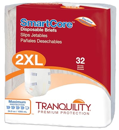 Tranquility SmartCore Adult Disposable Briefs, Incontinence Control with Breathable Kufguard Technology, Fastening Tabs & Wetness Indicator, Latex-Free, Adult XX-Large, 34oz Capacity, 32ct Case