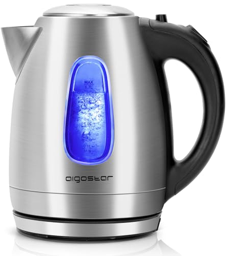 Aigostar Queen 30CDZ - Bollitore elettrico in acciaio inossidabile con illuminazione a LED, 2200 Watt con capacità da 1.7 litri, Protezione a Boil-Dry, BPA Free. Design esclusivo.