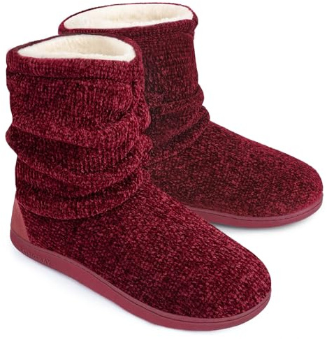 LongBay Women's Chenille Knit Bootie Slippers Cute Plush Fleece Memory Foam House Shoes (Small / 5-6 B(M), Wine Red)