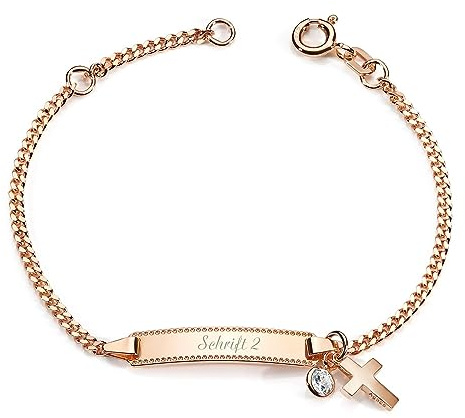 Materia Kinder Armband Silber 925 Gravur Rosegold vergoldet mit Kreuz Anhänger SA-120-Schrifttyp 2