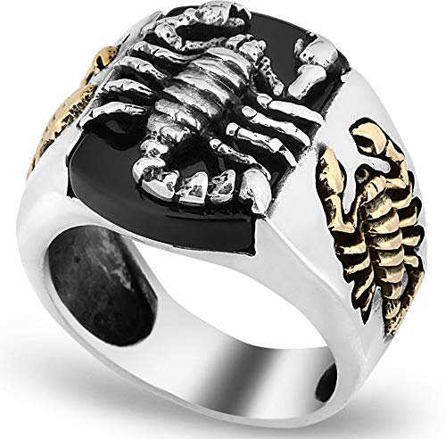Herren-Ring aus massivem 925er-Sterlingsilber, Skorpion-Figur, Onyx-Stein (11), 925er-Sterlingsilber, Metall, Onyx