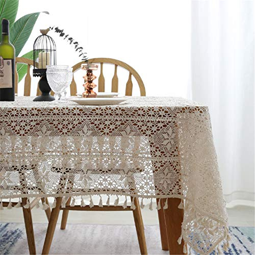 SWECOMZE Spitze Tischdecke Handarbeit Aushöhlen Rechteck Tischdecke 100% Baumwolle Vintage Spitzeauflage Boho Hochzeit Tisch Dekor (A,100 * 140cm)