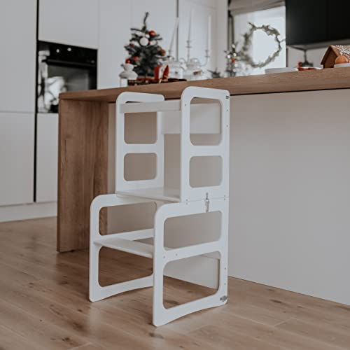 Lernturm, Küchenturm und Tisch, Küchenstuhl für Kinder, Montessori Küchenturm, Kitchen Helper (Weiß)