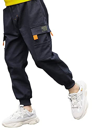 Rolanko Pantaloni Cargo da Ragazzo, Pantaloni da Jogging in Vita Elasticizzata per Bambini, Nero Pieno, Dimensione Tag: 140